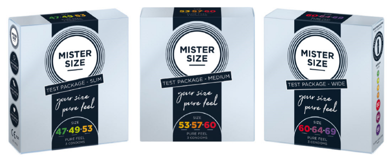 Három különböző Mister Size óvszer tesztcsomag