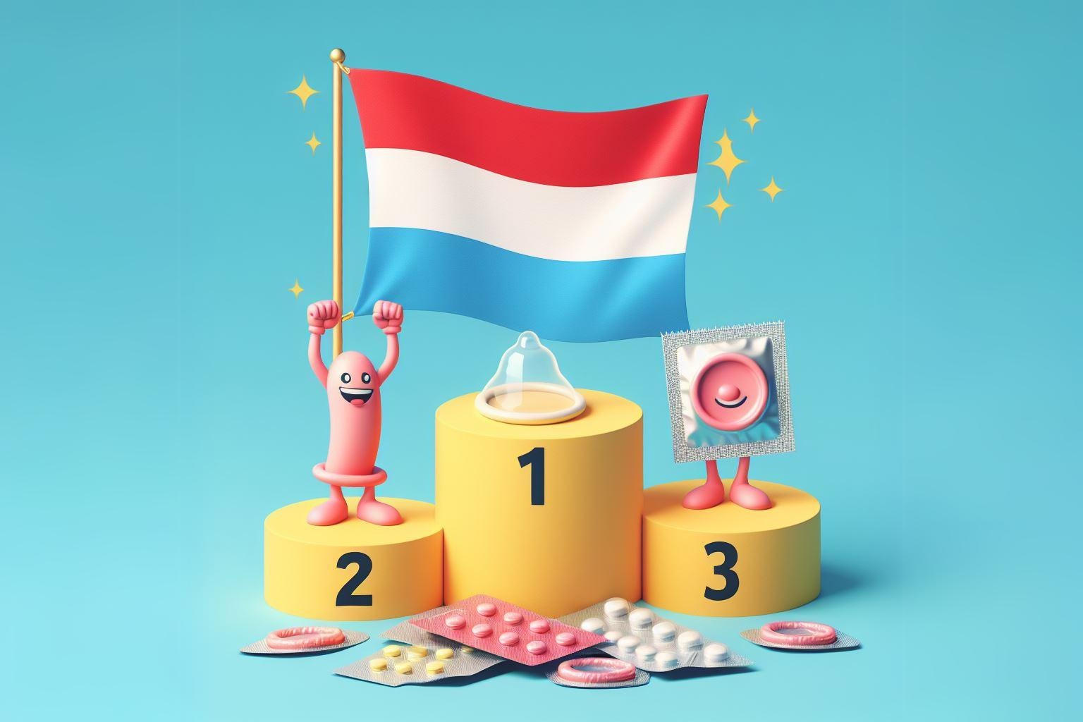 Luxemburg zászlaja az 1. helyen a győztes dobogón a fogamzásgátlás témájában