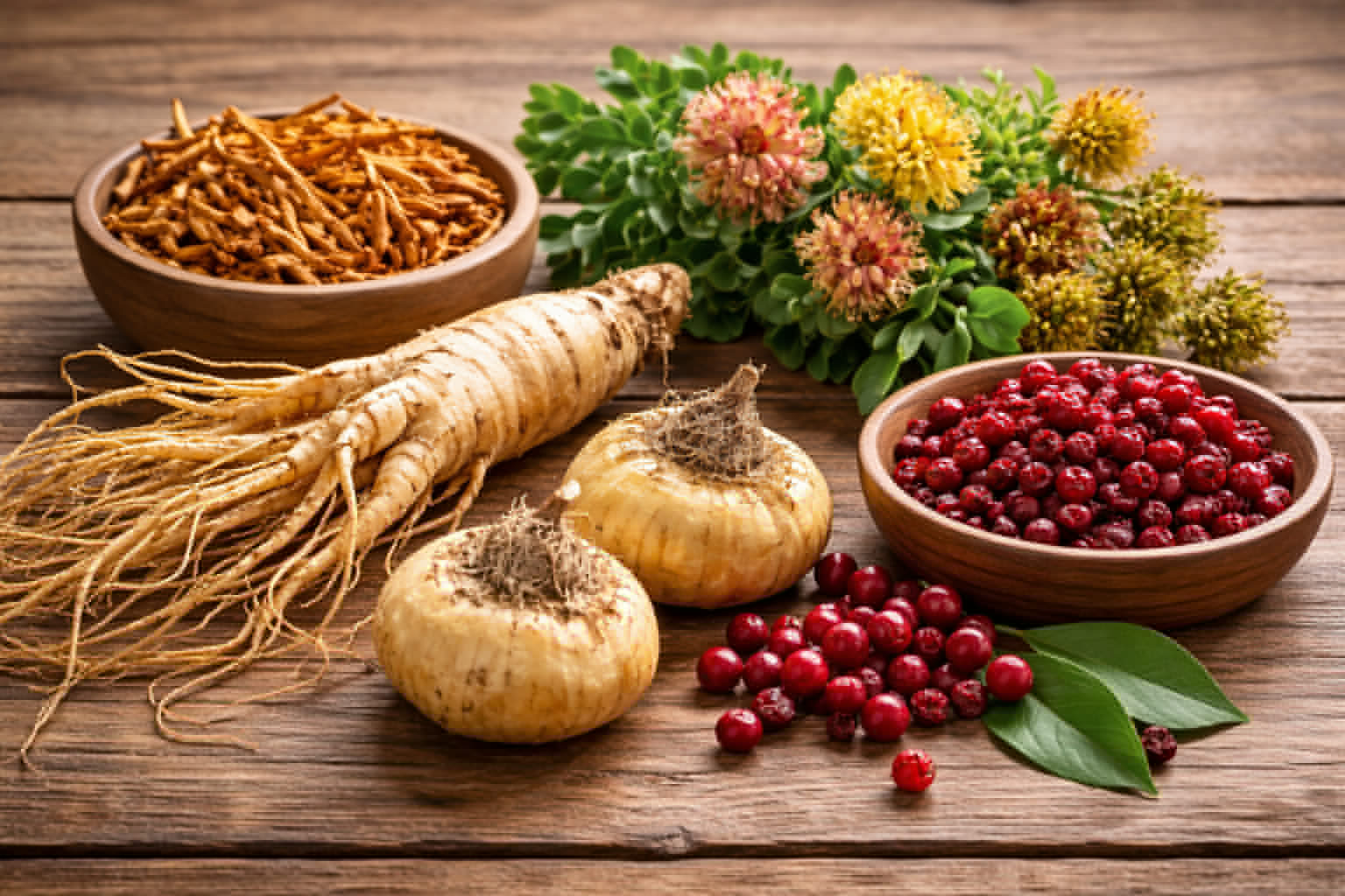 Számos növényi szexuális fokozó összetevője: Ginseng, Cordyceps, Rhodiola, Schisandra és Maca.